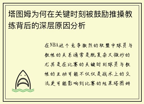 塔图姆为何在关键时刻被鼓励推搡教练背后的深层原因分析